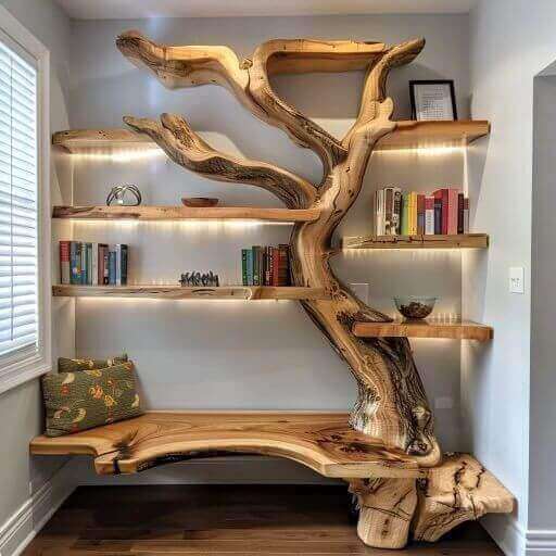 Estantería de madera natural con diseño de árbol