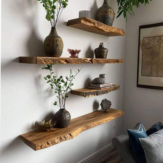 Repisas y estantes con troncos para salón, diseño rústico y elegante