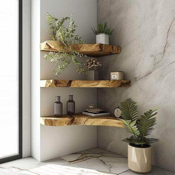 Repisas y estantes con troncos naturales en rincón decorativo minimalista