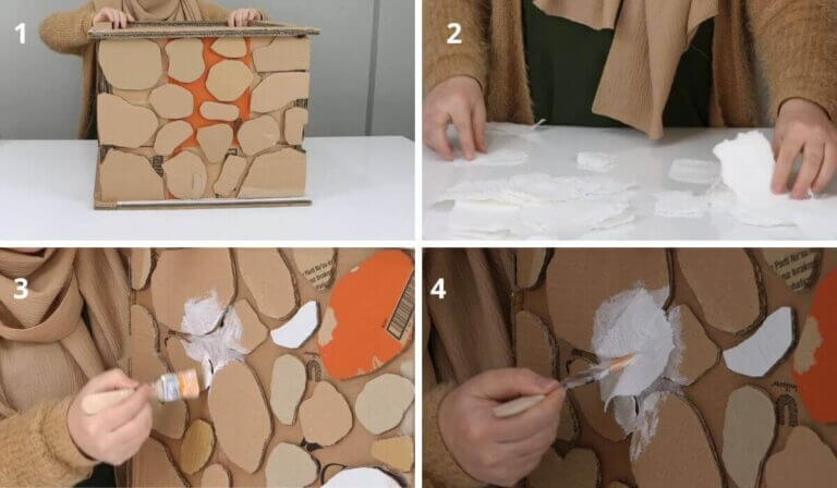 
Proceso de texturizado: cubriendo la superficie con papel y pegamento para el yeso.