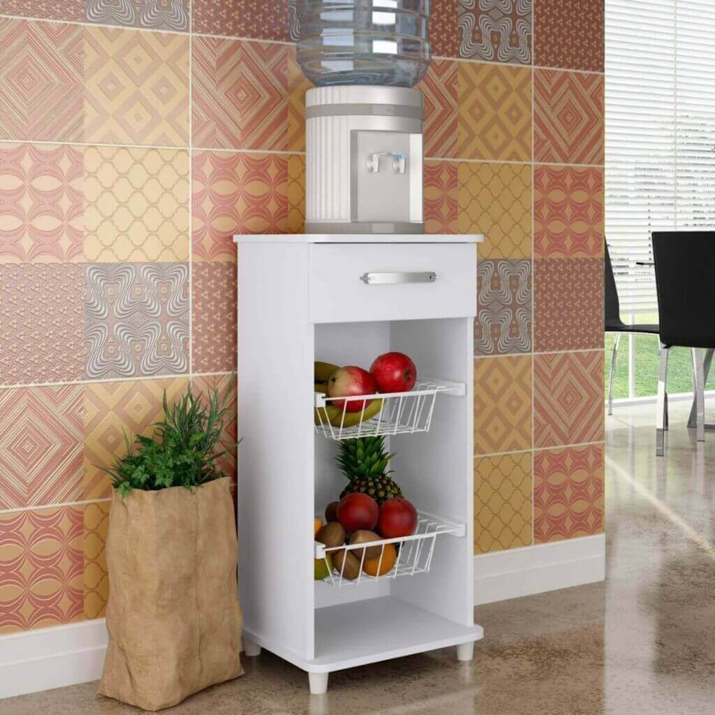 Mueble blanco compacto con cestas extraíbles y dispensador de agua, ideal para cocinas.