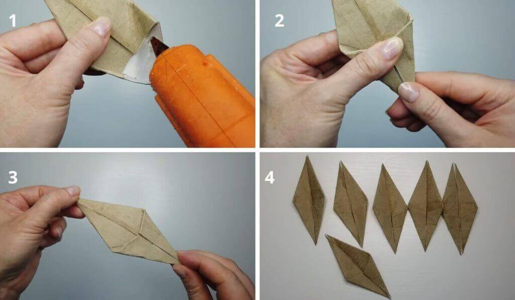 Flor con rollos de papel higienico Aplicando silicona caliente para unir las partes de flores para adornos del hogar.